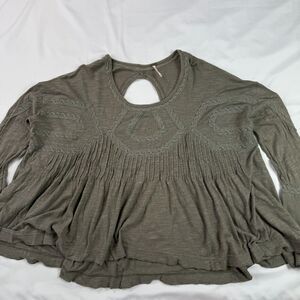 Free People Womens M Smoke Green Lace Trim Babydoll Blouse Key Hole Back